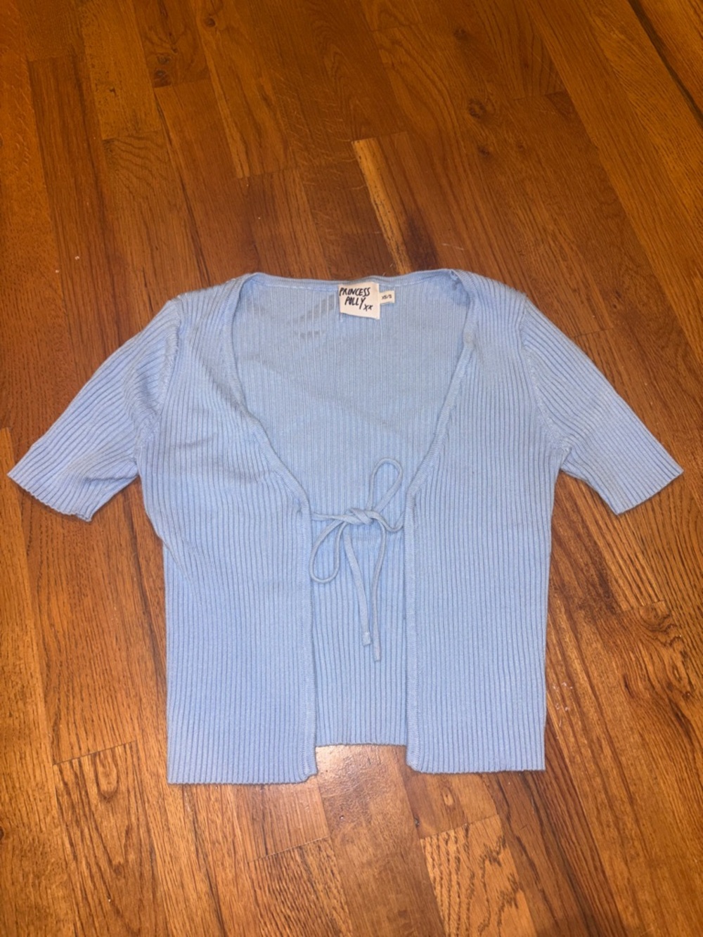 Princess Polly Baby Blue Ribbed Tie-Front Crop Cardigan